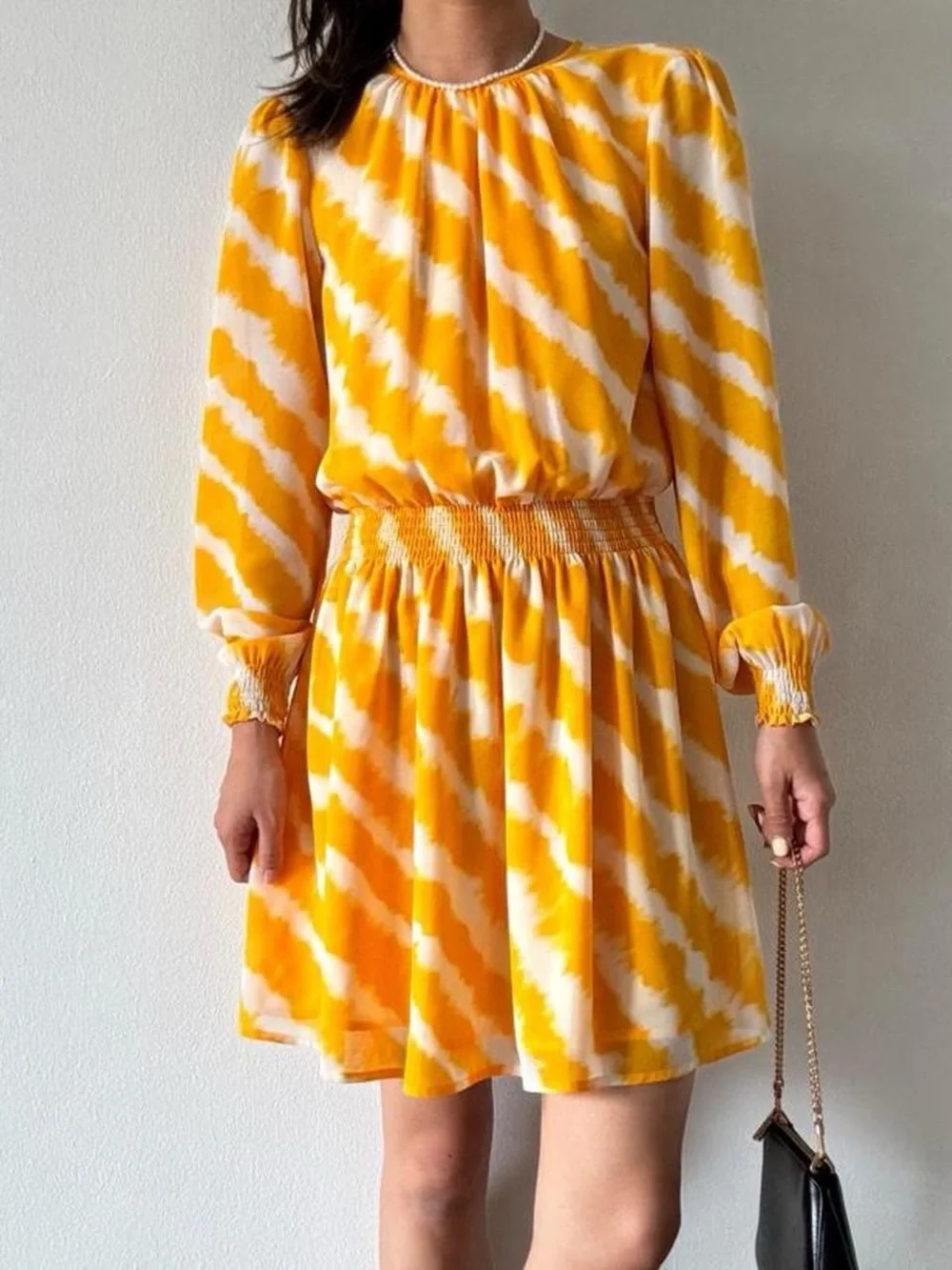Michael Kors yellow and white tie-dye mini long sleeve dress with elastic waist